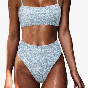 High Waisted Floral Blue Bikini Set